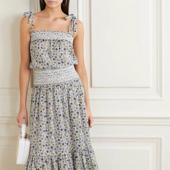 Tory Burch Smocked Floral Print Floral Cotton Voile Dress XS